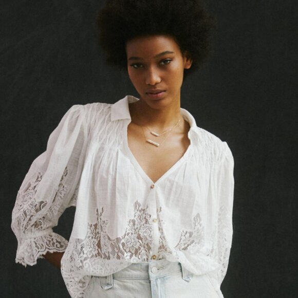 Anthropologie Tops - By Anthropologie Victorian Sheer-Lace Blouse Button-Up White - Women's M